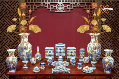  Bộ đồ thờ Bát Tràng cao cấp dâng gia tiên men sứ khử đắp nổi 28 vật phẩm 