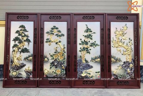  Tranh Gốm Tứ Quý Bát Tràng đắp nổi tứ cảnh men lam tràm dát vàng kích thước 45 x 95 cm khung gỗ gụ 