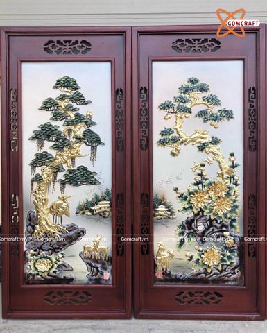  Tranh Gốm Tứ Quý Bát Tràng đắp nổi tứ cảnh men lam tràm dát vàng kích thước 45 x 95 cm khung gỗ gụ 