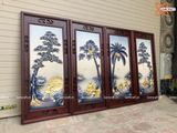  Tranh Gốm Tứ Quý Bát Tràng Ngư Tiều Canh Mục đắp nổi men lam tràm dát vàng kích thước 45 x 95 cm khung gỗ gụ 