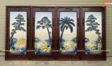  Tranh Gốm Tứ Quý Bát Tràng Ngư Tiều Canh Mục đắp nổi men lam tràm dát vàng kích thước 45 x 95 cm khung gỗ gụ 
