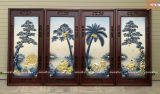  Tranh Gốm Tứ Quý Bát Tràng Ngư Tiều Canh Mục đắp nổi men lam tràm dát vàng kích thước 45 x 95 cm khung gỗ gụ 