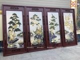  Tranh Gốm Tứ Quý Bát Tràng đắp nổi tứ cảnh men lam tràm dát vàng kích thước 45 x 95 cm khung gỗ gụ 