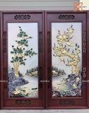  Tranh Gốm Tứ Quý Bát Tràng đắp nổi tứ cảnh men lam tràm dát vàng kích thước 45 x 95 cm khung gỗ gụ 