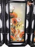 Tranh Gốm Tứ Quý Bát Tràng men màu đắp nổi tứ cảnh sen vàng kích thước 50 x 115 cm khung gỗ thông 