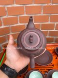  Ấm Chén Bát Tràng gốm Tử Sa dáng Trống Đai Gụ chỉ đỏ lòng trắng 300ml | Quà Tặng Doanh Nghiệp bộ ấm chén uống trà 