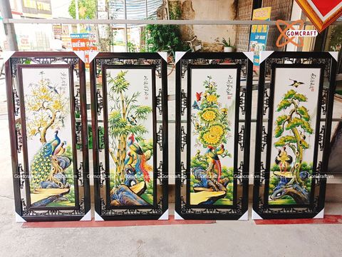  Tranh Gốm Tứ Quý Bát Tràng men màu đắp nổi kích thước 45 x 95 cm khung gỗ thông 