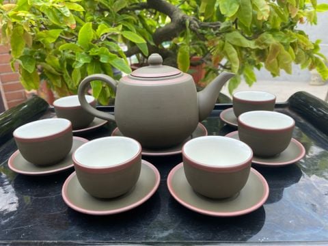  Ấm Chén Bát Tràng gốm Tử Sa Búp Sen Xanh trầm chỉ đỏ lòng trắng 400ml | Quà Tặng Doanh Nghiệp bộ ấm chén uống trà 
