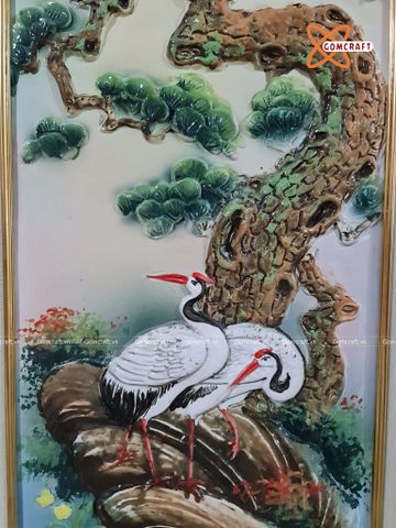  Tranh Gốm Tứ Quý Bát Tràng men màu đắp nổi tứ cảnh kích thước 50 x 100 cm khung gỗ gụ 