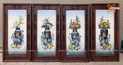  Tranh Gốm Tứ Quý Bát Tràng Cổ Đồ Phú Quý men màu đắp nổi kênh bong dát điểm vàng kích thước 50 x 95 cm khung gỗ gụ 