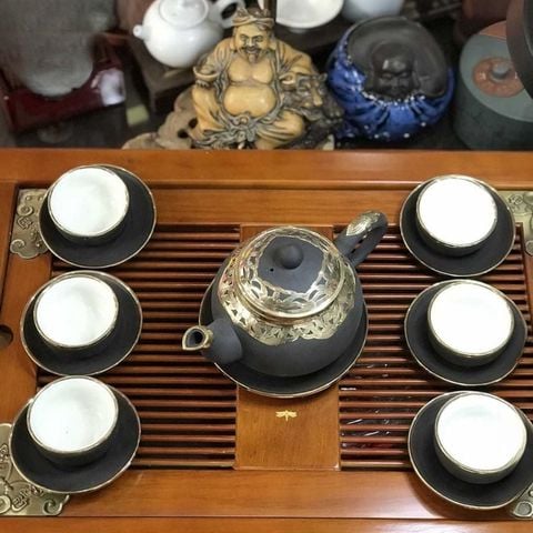  Ấm Chén Bát Tràng gốm Tử Sa bọc Đồng dáng Tiêu Anh 450ml | Quà Tặng Doanh Nghiệp bộ ấm chén uống trà 