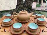  Ấm Chén Bát Tràng gốm Tử Sa dáng Trống Đai Vàng chỉ đỏ lòng xanh 300ml | Quà Tặng Doanh Nghiệp bộ ấm chén uống trà 