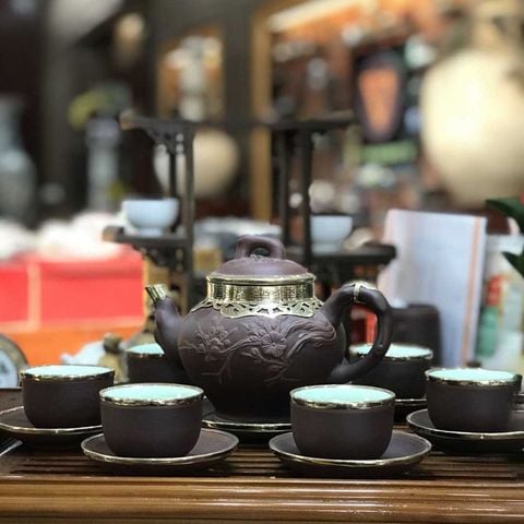  Ấm Chén Bát Tràng gốm Tử Sa bọc Đồng dáng Báo Xuân 420ml | Quà Tặng Doanh Nghiệp bộ ấm chén uống trà 