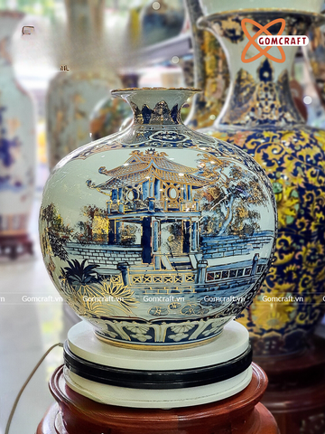  Bình Hút Lộc Bát Tràng nhị cảnh Văn Miếu Quốc Tử Giám Chùa Một Cột men lam vẽ vàng | Quà Tặng Khai Trương bình hút lộc Bát Tràng 