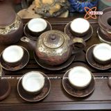  Ấm Chén Bát Tràng gốm Tử Sa bọc Đồng dáng Thủy Bình 450ml | Quà Tặng Doanh Nghiệp bộ ấm chén uống trà 