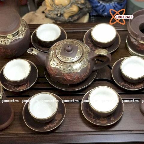  Ấm Chén Bát Tràng gốm Tử Sa bọc Đồng dáng Thủy Bình 450ml | Quà Tặng Doanh Nghiệp bộ ấm chén uống trà 