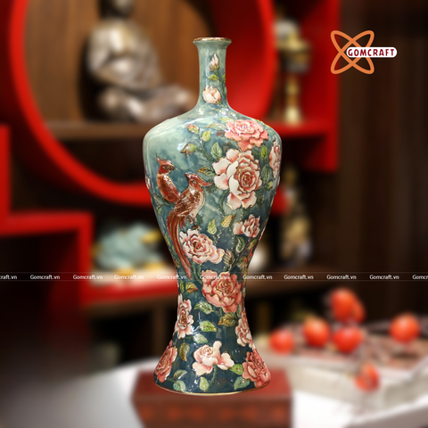  Bình Hoa Bát Tràng men màu đắp nổi vẽ vàng 24k cao 40 cm 