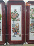  Tranh Gốm Tứ Quý Bát Tràng vẽ cổ đồ men màu kích thước 45 x 95 cm khung gỗ hương 