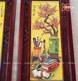  Tranh Gốm Tứ Quý Bát Tràng Cổ Đồ Phú Quý men màu đắp nổi kích thước 45 x 95 cm khung gỗ hương 