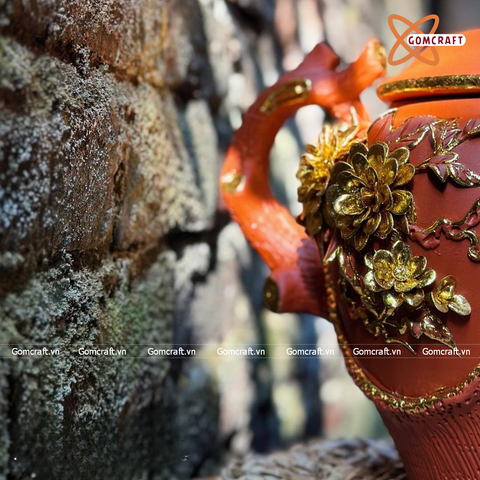  Ấm Tích Bát Tràng Bình An cao cấp đắp nổi dát vàng cao 26 cm 
