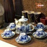  Ấm Chén Bát Tràng gốm Trắng men Lam Trúc Lâm Thất Hiền bọc Đồng dáng Thủy Bình 300ml | Quà Tặng Doanh Nghiệp bộ ấm chén uống trà 