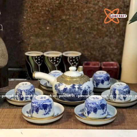  Ấm Chén Bát Tràng gốm Trắng men Lam Trúc Lâm Thất Hiền bọc Đồng Đường Vũ 320ml | Quà Tặng Doanh Nghiệp bộ ấm chén uống trà 