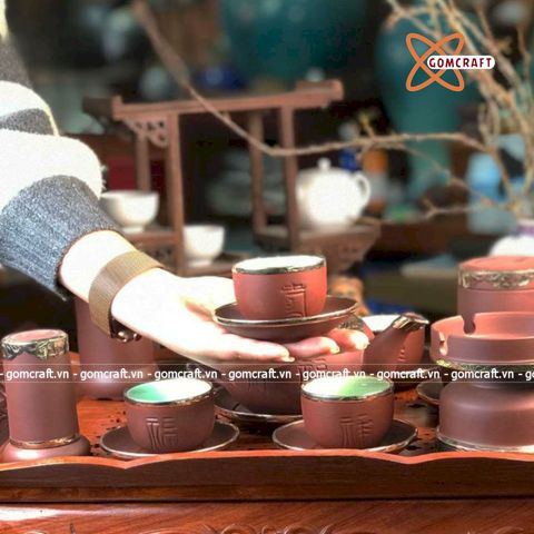  Ấm Chén Bát Tràng gốm Tử Sa Bọc Đồng Cao Cấp 500ml | Quà Tặng Doanh Nghiệp bộ ấm chén uống trà 