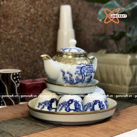  Ấm Chén Bát Tràng bọc Đồng men Lam họa tiết Hoa Đào dáng Thủy Bình 300ml | Quà Tặng Doanh Nghiệp bộ ấm chén uống trà 