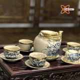  Ấm Chén Bát Tràng men Rạn bọc Đồng họa tiết Hoa Sen dáng Đại Bân Đề Lương 400ml | Quà Tặng Doanh Nghiệp bộ ấm chén uống trà 