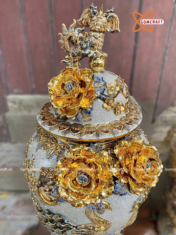  Choé Bát Tràng cao cấp Cuốn Thư Phúc Đức men rạn đắp nổi vẽ vàng dung tích 30 lít 