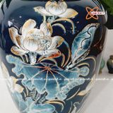  Bình Hoa nền xanh đen họa tiết Sen Đài vẽ vàng cao 28cm | Quà Tặng bình hoa Bát Tràng 