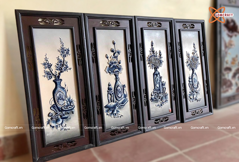  Tranh Gốm Tứ Quý Bát Tràng Cổ Đồ Phú Quý men lam tràm đắp nổi kích thước 45 x 95 cm khung gỗ thông 