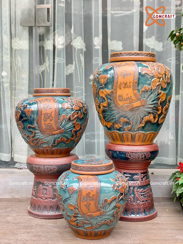  Quà tặng Bố Chum sành khắc nổi Vinh Hoa Phú Quý dung tích 100l 