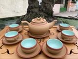  Ấm Chén Bát Tràng gốm Tử Sa dáng Trống Đai Vàng chỉ đỏ lòng xanh 300ml | Quà Tặng Doanh Nghiệp bộ ấm chén uống trà 