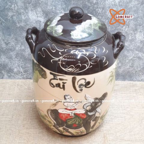  Quà tặng cao cấp Hũ đựng gạo tráng men chữ Tài Lộc vẽ Cậu bé Chăn Trâu Thổi Sáo dung tích 30 lít 