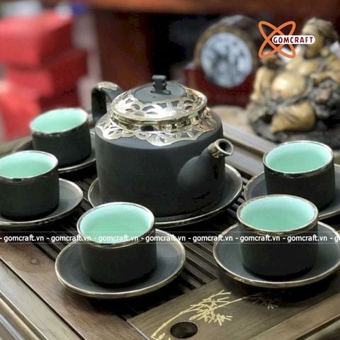  Ấm Chén Bát Tràng gốm Tử Sa bọc Đồng dáng Hán Đạc 400ml | Quà Tặng Doanh Nghiệp bộ ấm chén uống trà 