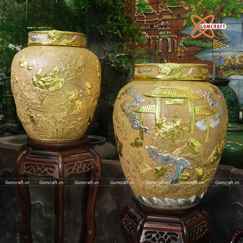  Quà tặng Bố Chum sành đắp nổi dát vàng Cá Chép Vượt Vũ Môn mặt Trống Đồng dung tích 100l 