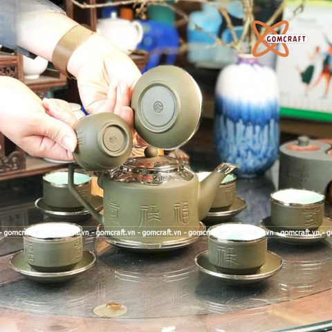  Ấm Chén Bát Tràng gốm Tử Sa Bọc Đồng Cao Cấp 500ml | Quà Tặng Doanh Nghiệp bộ ấm chén uống trà 