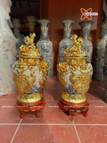  Choé Bát Tràng cao cấp Phú Quý Trường Xuân men rạn đắp nổi kênh bong dát vàng dung tích 20 lít 