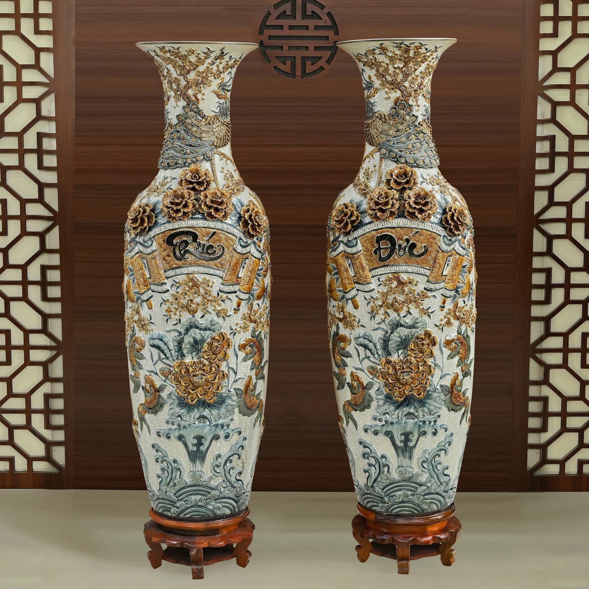  Quà Tặng Bố Lục Bình Bát Tràng nền rạn vẽ men chàm họa tiết Phúc Đức Cửu Ngư 1m6 đắp nổi kênh bông hàng kỹ 