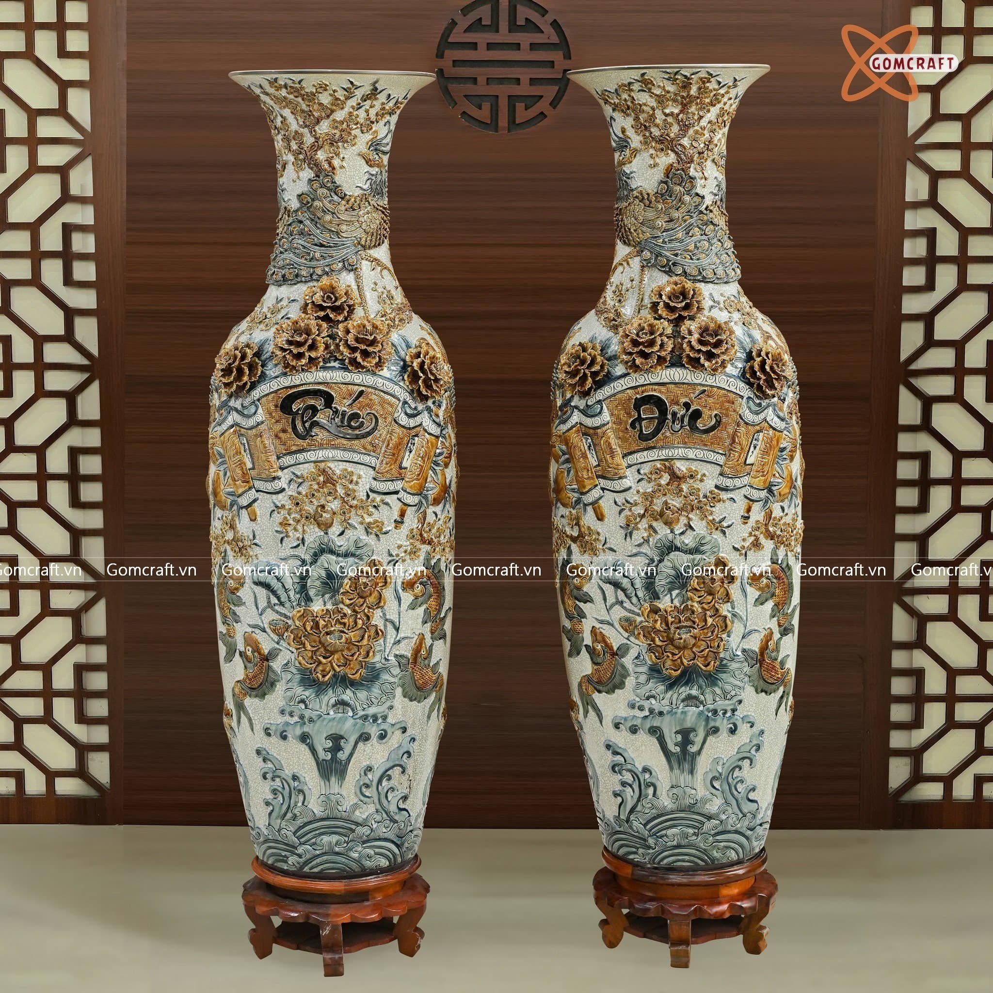  Quà Tặng Bố Lục Bình Bát Tràng nền rạn vẽ men chàm họa tiết Phúc Đức Cửu Ngư 1m6 đắp nổi kênh bông hàng kỹ 