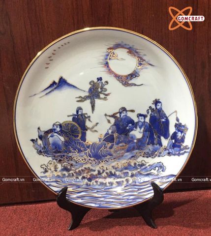  Đĩa cảnh phong thuỷ Bát Tiên men lam vẽ vàng đường kính 27 cm | Quà Tặng Khai Trương Đĩa Cảnh Phong Thuỷ 