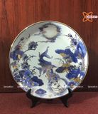  Đĩa cảnh phong thuỷ Lý Ngư Vọng Nguyệt men lam vẽ vàng đường kính 27 cm | Quà Tặng Khai Trương Đĩa Cảnh Phong Thuỷ 