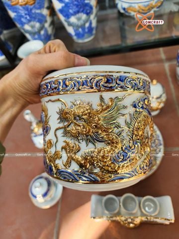  Bộ đồ thờ Bát Tràng cao cấp dâng gia tiên men sứ khử đắp nổi vẽ vàng 24k 11 vật phẩm 