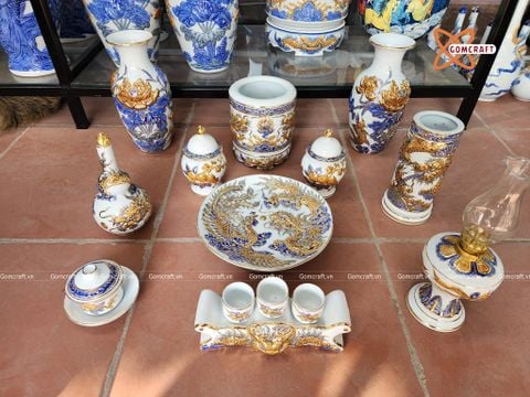  Bộ đồ thờ Bát Tràng cao cấp dâng gia tiên men sứ khử đắp nổi vẽ vàng 24k 11 vật phẩm 