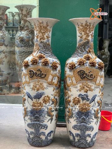  Lục bình Bát Tràng cao cấp Phúc Đức men rạn đắp nổi kênh bong siêu kĩ cao 1m4 