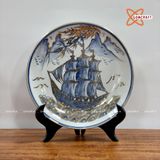  Đĩa cảnh phong thuỷ Thuận Buồm Xuôi Gió men lam vẽ vàng đường kính 27 cm | Quà Tặng Khai Trương Đĩa Cảnh Phong Thuỷ 