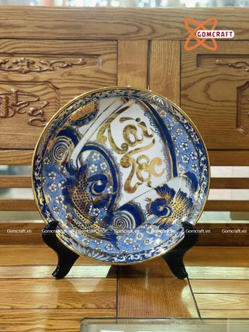  Đĩa cảnh phong thuỷ Cá Chép Tài Lộc men lam vẽ vàng đường kính 27 cm | Quà Tặng Khai Trương Đĩa Cảnh Phong Thuỷ 