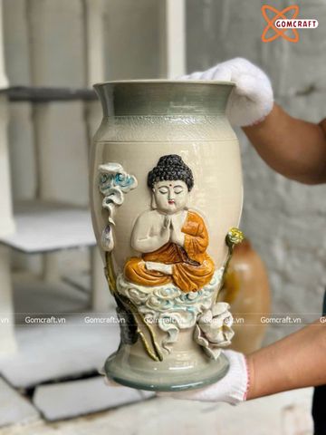  Bình Hoa Bát Tràng men màu đắp nổi Phật hàng đắp kĩ cao 38 cm 