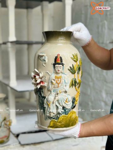  Bình Hoa Bát Tràng men màu đắp nổi Phật hàng đắp kĩ cao 38 cm 